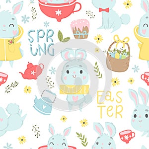 Set of easter and spring logo with cute illustrations and lettering