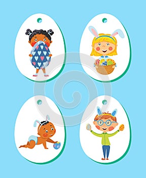 Set of Easter tags, labels with children with eggs