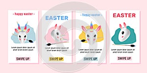 A set of Easter-themed story templates for a mobile app interface with the egg shape unicorn, reindeer, rhinoceros and capybara.