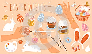 Set of Easter wishes design elements. Fluffy white rabbit, eggs, basket, paint, willow, easter cake, rim with ears, flowers.