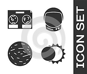 Set Eclipse of the sun, Celestial map of the night sky, Planet Venus and Astronaut helmet icon. Vector