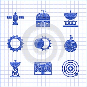 Set Eclipse of the sun, Celestial map night sky, Solar system, Moon with flag, Satellite dish, Sun, and icon. Vector