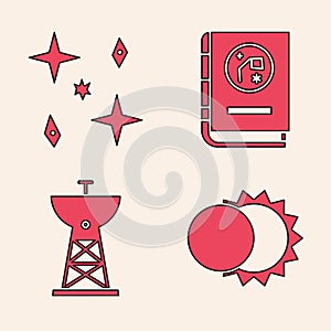 Set Eclipse of the sun, Falling stars, Book by astronomy and Satellite dish icon. Vector.