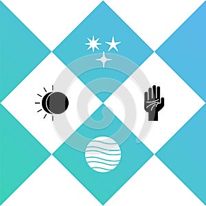 Set Eclipse of the sun, Planet Jupiter, Falling star and Palmistry hand icon. Vector