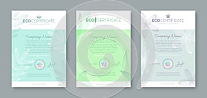 Set of eco certificate template with floral and nature elements. Eco friendly awards.