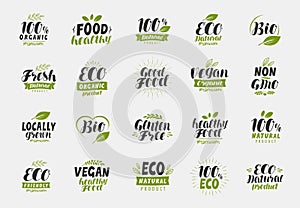 Set of eco food friendly and organic labels. Vegan, ecology icons. Vector