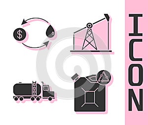 Set Eco fuel canister, Oil exchange, Tanker truck and Oil pump or pump jack icon. Vector