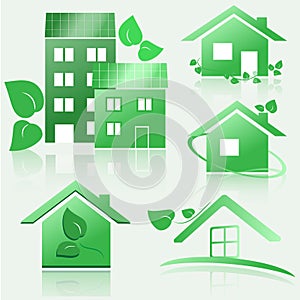 Set of eco green house icons with reflection. eps10 vector