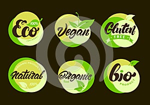 Set of Eco labels with lettering. Healthy, natural food stickers. Gluten free. Vector illustration design