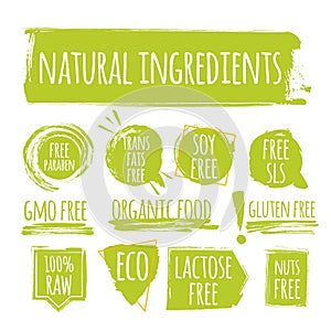 Set of eco natural ingredients label, round grunge logo, sticker for natural products packaging