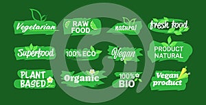 set eco natural product stickers organic healthy vegan market logo fresh food emblems collection badges design