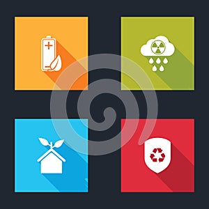 Set Eco nature leaf and battery, Acid rain radioactive cloud, friendly house and Recycle inside shield icon. Vector photo