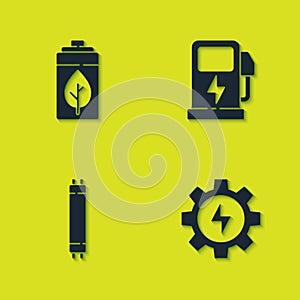 Set Eco nature leaf and battery, Gear lightning, Fluorescent lamp and Electric car charging station icon. Vector