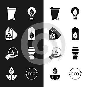 Set Eco nature leaf and battery, Tag with recycle, Trash can, Light bulb, Lightning bolt, LED light, Label for eco