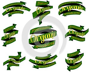 Set of eco, organic natural badges, labels, ribbons, banners, stickers, vector.