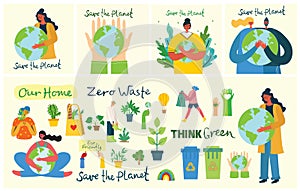 Set of eco save environment pictures. People taking care of planet collage. Zero waste, think green, save the planet