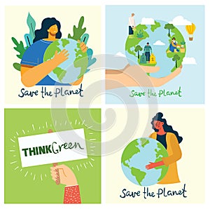 Set of eco save environment pictures. People taking care of planet collage. Zero waste, think green, save the planet