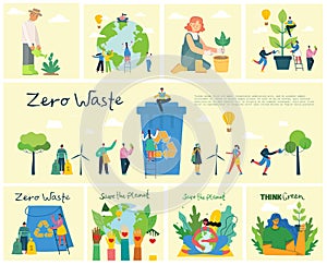Set of eco save environment pictures. People taking care of planet collage. Zero waste, think green, save the planet, our home