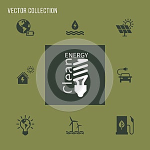 Set of eco vector icons in flat style. Eco collection with various icons on the theme of ecology and green energy