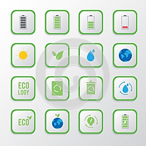 Set of ecological icons on green button, Signs and symbols vector