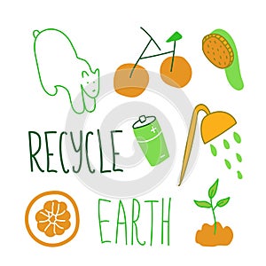 Set of ecological illustrations in green,orange.A collection of images