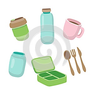 Set of ecological items - reusable coffee cup, glass jar, wooden cutlery, lunch box. Zero waste concept.