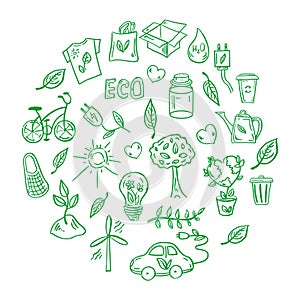 Set of ecology. Elements in circle. Hand-drawn doodle vector illustration. Ecology problem, recycling and green energy icons.