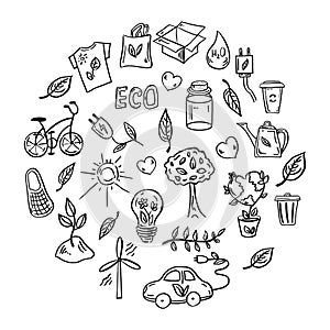 Set of ecology. Elements in circle. Hand-drawn doodle vector illustration. Ecology problem, recycling and green energy icons.