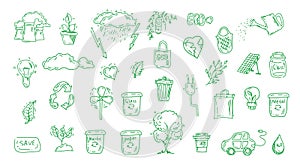 Set of ecology. Hand drawn design vector illustration. Ecology problem, recycling and green energy icons in doodle style