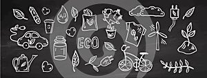 Set of ecology. Hand-drawn doodle vector illustration on chalkboard background. Ecology problem, recycling and green energy icons