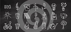 Set of ecology. Hand-drawn doodle vector illustration on chalkboard background. Ecology problem, recycling and green energy icons
