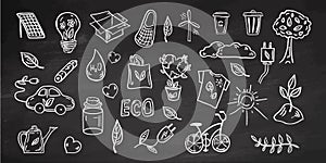 Set of ecology. Hand-drawn doodle vector illustration on chalkboard background. Ecology problem, recycling and green energy icons