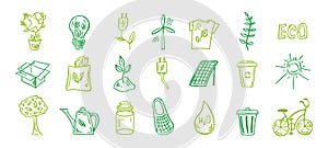 Set of ecology. Hand-drawn doodle vector illustration. Ecology problem, recycling and green energy icons. Environmental symbols