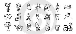 Set of ecology. Hand-drawn doodle vector illustration. Ecology problem, recycling and green energy icons. Environmental symbols