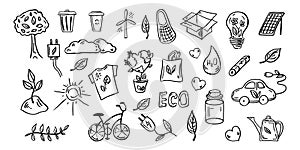 Set of ecology. Hand-drawn doodle vector illustration. Ecology problem, recycling and green energy icons. Environmental symbols
