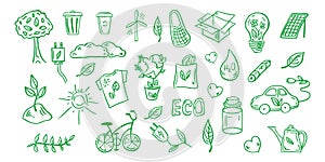 Set of ecology. Hand-drawn doodle vector illustration. Ecology problem, recycling and green energy icons. Environmental symbols