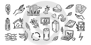 Set of ecology. Hand-drawn doodle vector illustration. Ecology problem, recycling and green energy icons. Environmental symbols