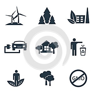 Set ecology icons collection in flat design. Clean air, recyclable items, electric car for web design, presentations and