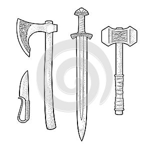 Set edged weapons viking. Knife, axe, sword, hammer. Vintage engraving