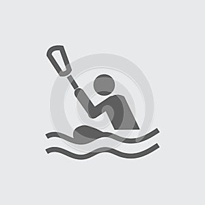 Black flat rowing man, canoeing vector icon.