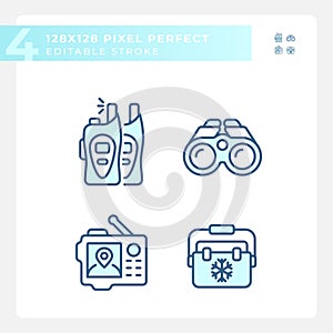 Set of editable pixel perfect hiking gear linear icons