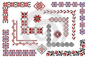 Set of editable Ukrainian traditional seamless ethnic patterns for embroidery stitch. Vintage floral and geometric ornaments,