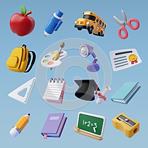 Set of education 3d icons, Back to school concept