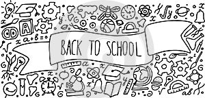 Set of education doodle vector illustration in cute hand drawn style. Back to school lettering