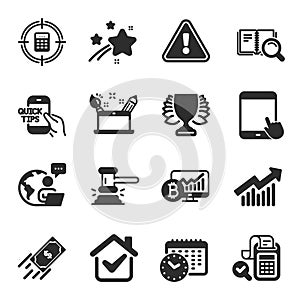 Set of Education icons, such as Search book, Winner, Tablet pc symbols. Vector