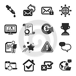 Set of Education icons, such as Secure mail, Chat message, Online video symbols. Vector