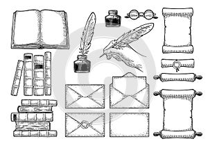 Set education. Inkwell with feather, pile books, glasses. Engraving