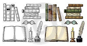 Set education. Inkwell with feather, pile books, glasses, candle.