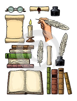 Set education. Inkwell with feather, pile books, glasses, candle. Engraving