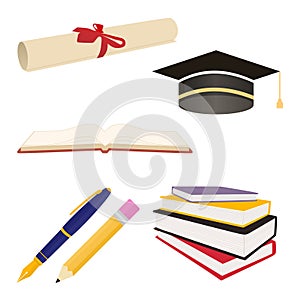 set education and literacy objects colorful like college graduation cap, diploma paper roll, pencil, ink, open book, stack of